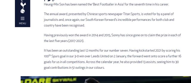 黄金甲体育-热刺官网首页: 孙兴慜获体坛周报2021亚洲金球奖